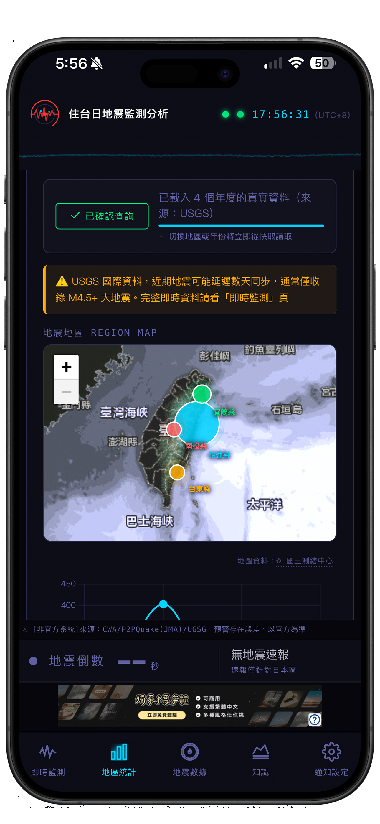 台日地震監測 AI自動解讀按下確認查詢顯示資料